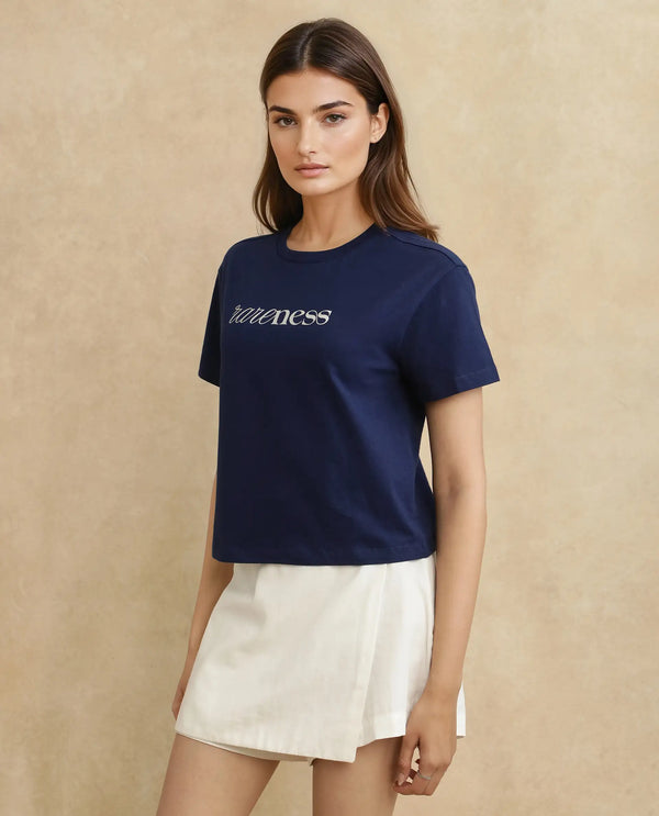 Rareism Women Bhaze Navy Cotton Lycra Fabric Short Sleeve Crew Neck Cropped Typography T-Shirt