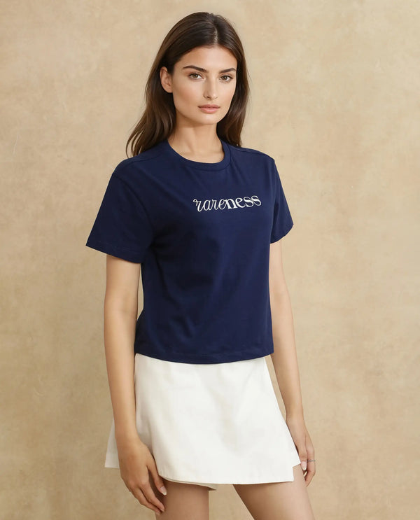 Rareism Women Bhaze Navy Cotton Lycra Fabric Short Sleeve Crew Neck Cropped Typography T-Shirt