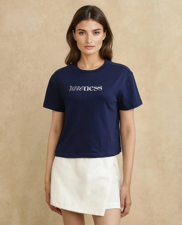 Rareism Women Bhaze Navy Cotton Lycra Fabric Short Sleeve Crew Neck Cropped Typography T-Shirt