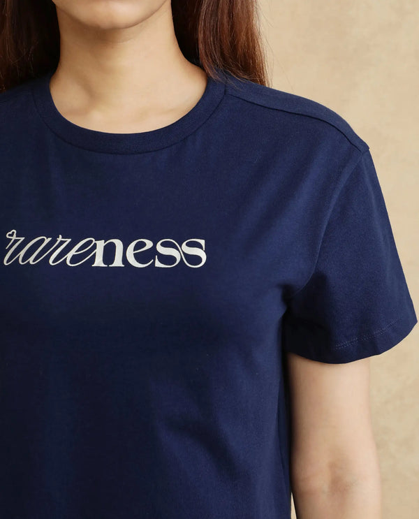 Rareism Women Bhaze Navy Cotton Lycra Fabric Short Sleeve Crew Neck Cropped Typography T-Shirt