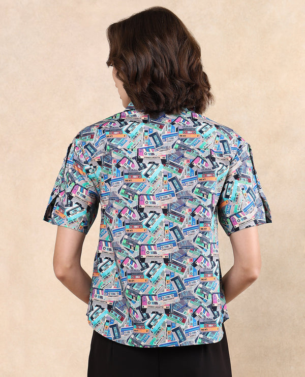 Rareism Women Bhx Multi Poplin Fabric Short Sleeve Collared Neck Button Closure Regular Fit Object Print Shirt