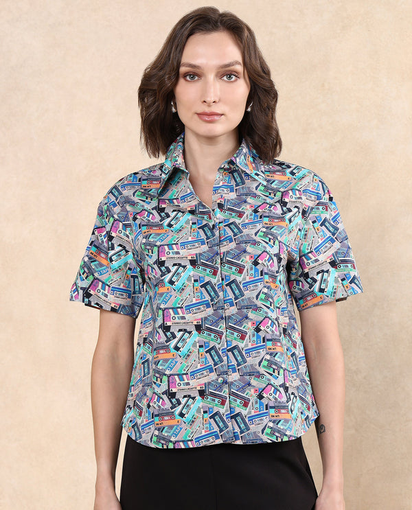 Rareism Women Bhx Multi Poplin Fabric Short Sleeve Collared Neck Button Closure Regular Fit Object Print Shirt