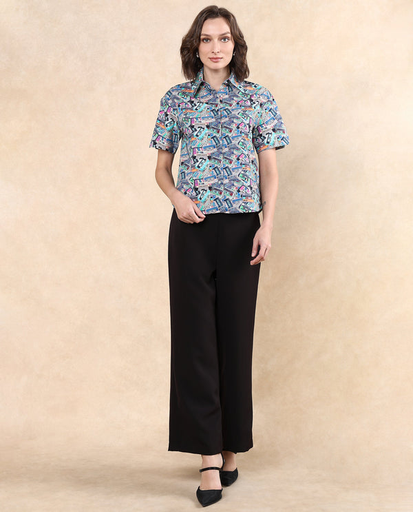 Rareism Women Bhx Multi Poplin Fabric Short Sleeve Collared Neck Button Closure Regular Fit Object Print Shirt