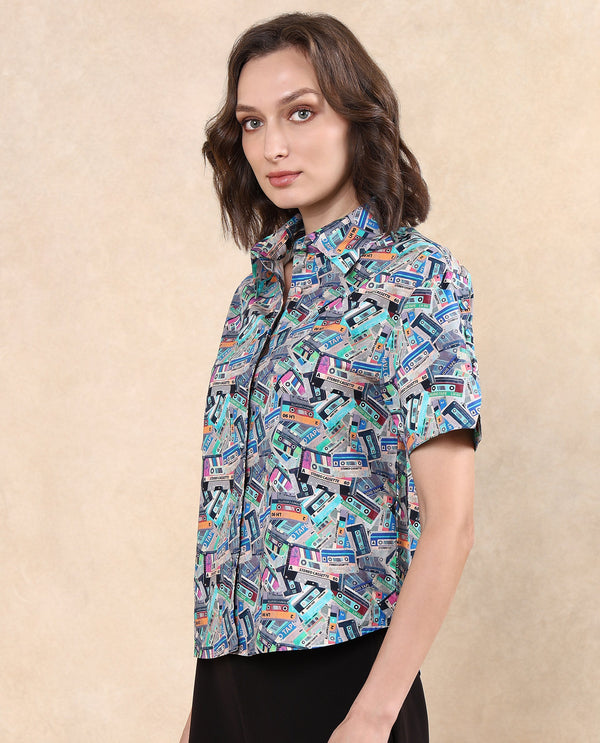 Rareism Women Bhx Multi Poplin Fabric Short Sleeve Collared Neck Button Closure Regular Fit Object Print Shirt