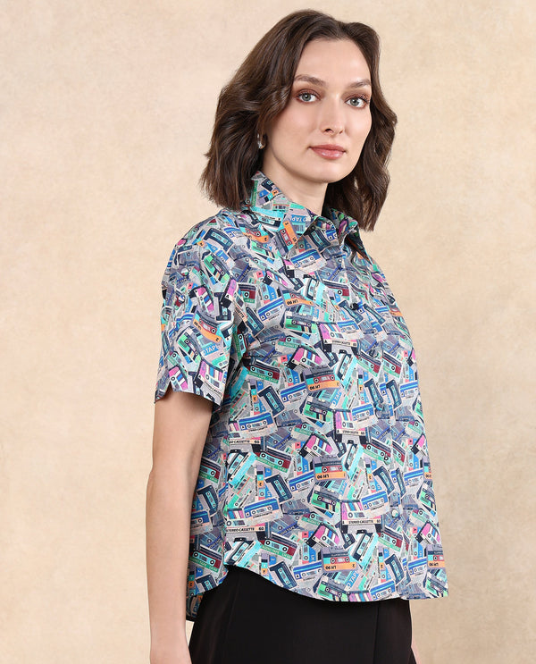 Rareism Women Bhx Multi Poplin Fabric Short Sleeve Collared Neck Button Closure Regular Fit Object Print Shirt