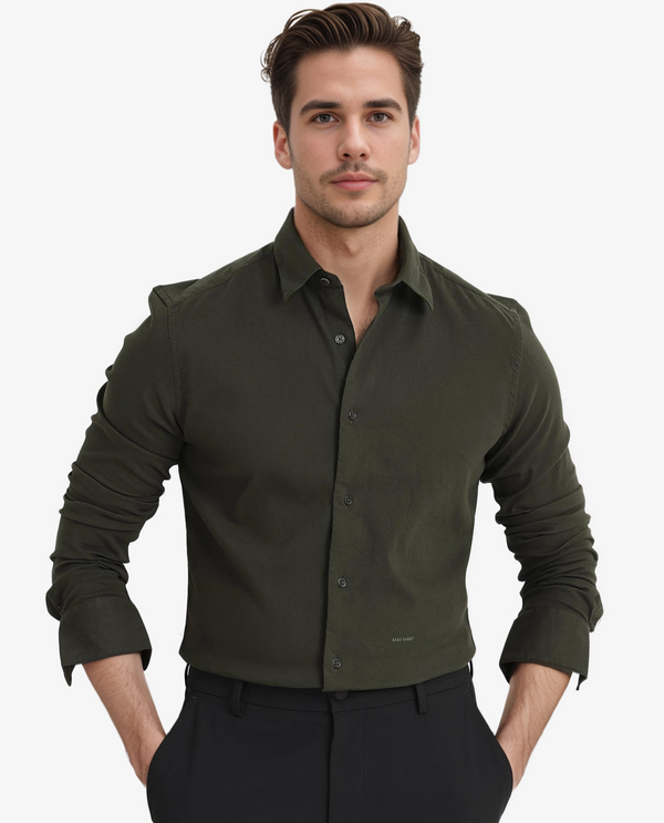Rare Rabbit Men's Bicton Dark Green Cotton Lycra Fabric Full Sleeves Solid Twill Shirt