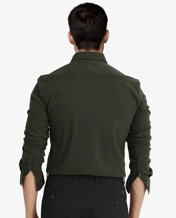 Rare Rabbit Men's Bicton Dark Green Cotton Lycra Fabric Full Sleeves Solid Twill Shirt