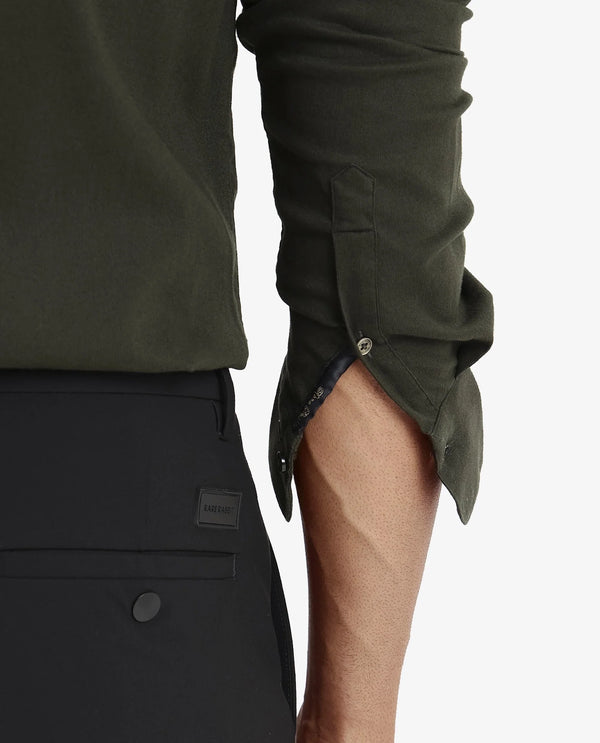 Rare Rabbit Men's Bicton Dark Green Cotton Lycra Fabric Full Sleeves Solid Twill Shirt