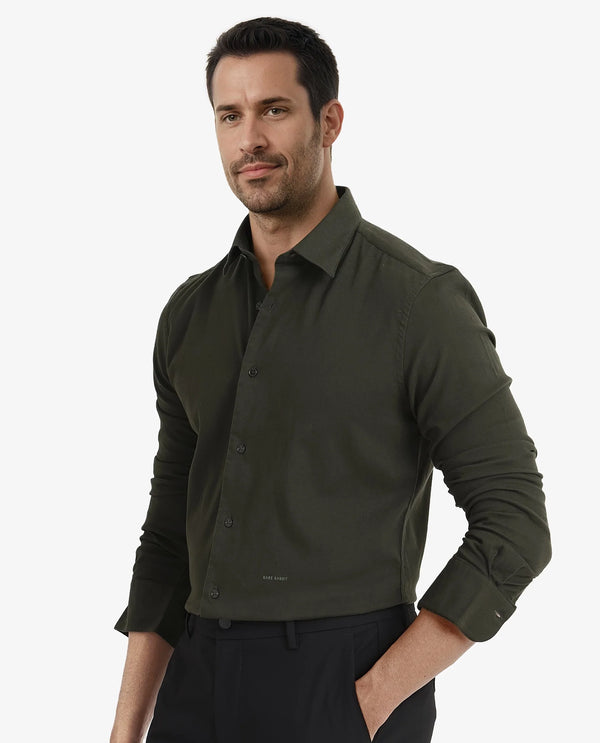 Rare Rabbit Men's Bicton Dark Green Cotton Lycra Fabric Full Sleeves Solid Twill Shirt