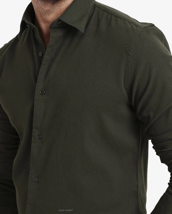 Rare Rabbit Men's Bicton Dark Green Cotton Lycra Fabric Full Sleeves Solid Twill Shirt