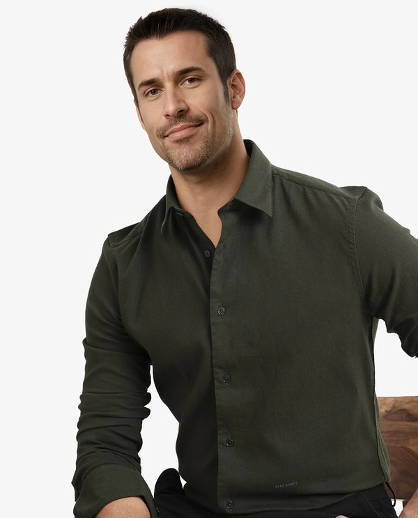 Rare Rabbit Men's Bicton Dark Green Cotton Lycra Fabric Full Sleeves Solid Twill Shirt
