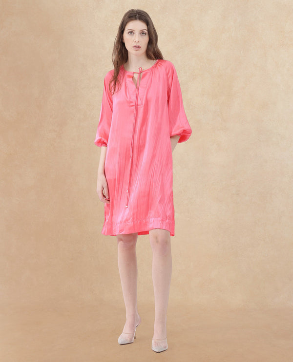 Rareism Women's Biere Flouroscent Pink Polyester Fabric Tie-Up Neck Tie-Up Closure Raglan Sleeve Plain Relaxed Fit Mini Dress
