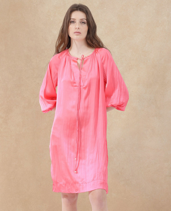 Rareism Women's Biere Flouroscent Pink Polyester Fabric Tie-Up Neck Tie-Up Closure Raglan Sleeve Plain Relaxed Fit Mini Dress