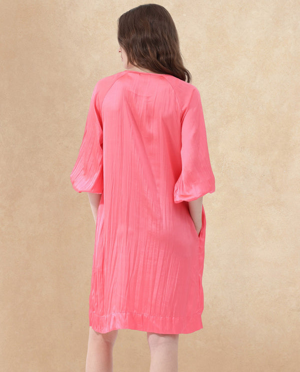 Rareism Women's Biere Flouroscent Pink Polyester Fabric Tie-Up Neck Tie-Up Closure Raglan Sleeve Plain Relaxed Fit Mini Dress