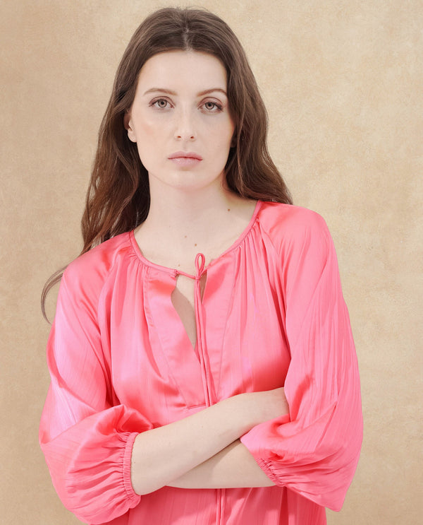 Rareism Women's Biere Flouroscent Pink Polyester Fabric Tie-Up Neck Tie-Up Closure Raglan Sleeve Plain Relaxed Fit Mini Dress