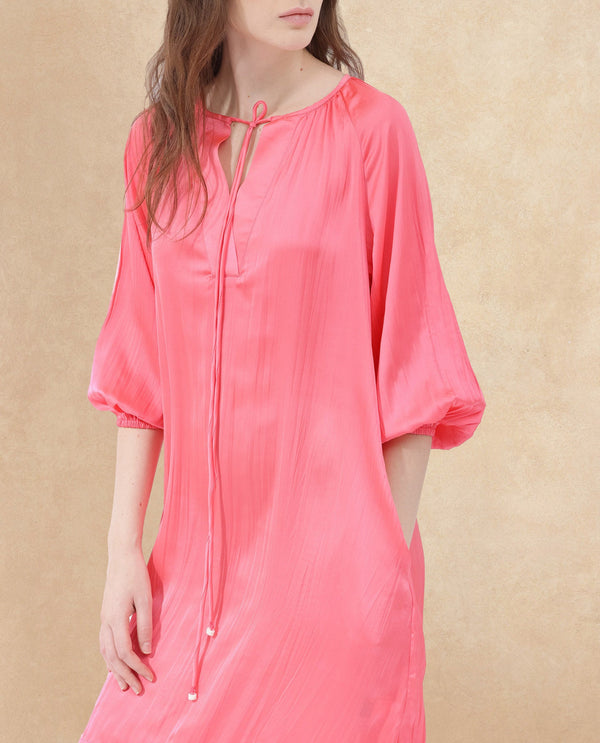 Rareism Women's Biere Flouroscent Pink Polyester Fabric Tie-Up Neck Tie-Up Closure Raglan Sleeve Plain Relaxed Fit Mini Dress