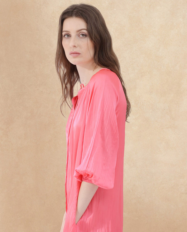 Rareism Women's Biere Flouroscent Pink Polyester Fabric Tie-Up Neck Tie-Up Closure Raglan Sleeve Plain Relaxed Fit Mini Dress