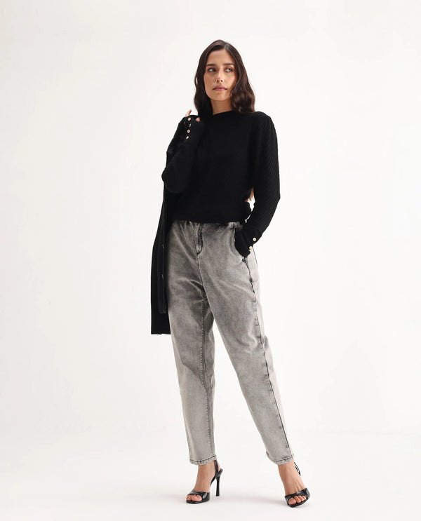 Rareism Women Birdwing Black Cotton Lycra Fabric High Rise Solid Tailored Fit Ankle Length Jeans
