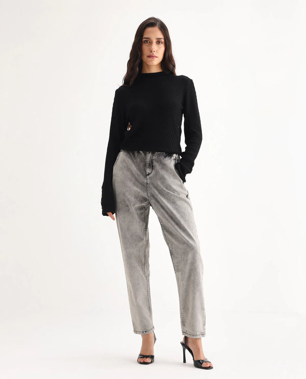 Rareism Women Birdwing Black Cotton Lycra Fabric High Rise Solid Tailored Fit Ankle Length Jeans