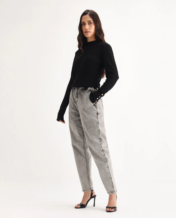 Rareism Women Birdwing Black Cotton Lycra Fabric High Rise Solid Tailored Fit Ankle Length Jeans