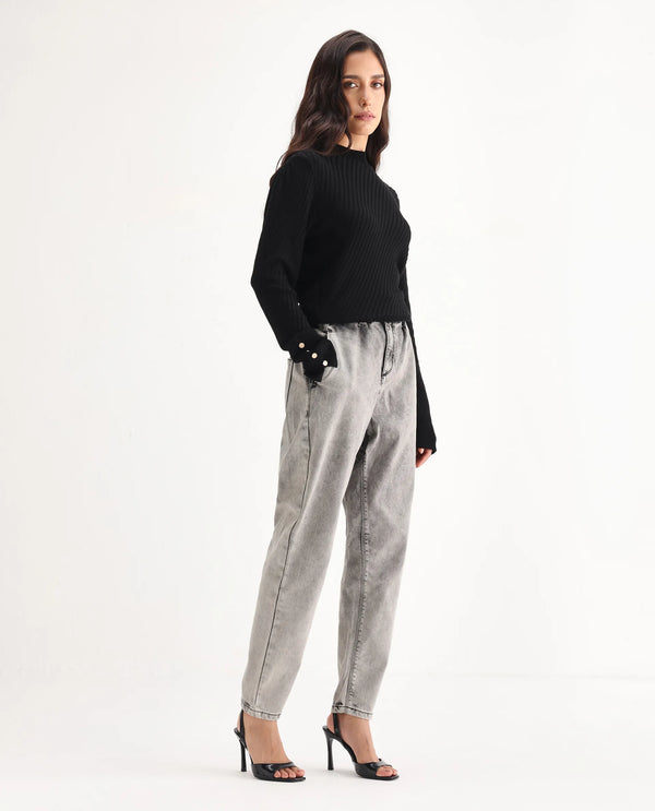 Rareism Women Birdwing Black Cotton Lycra Fabric High Rise Solid Tailored Fit Ankle Length Jeans