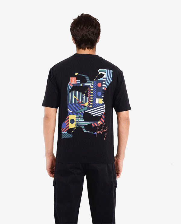 Rare Rabbit Men Bjorn Black Cotton Fabric Short Sleeve Crew Neck Oversized Fit Graphic Back Print T-Shirt