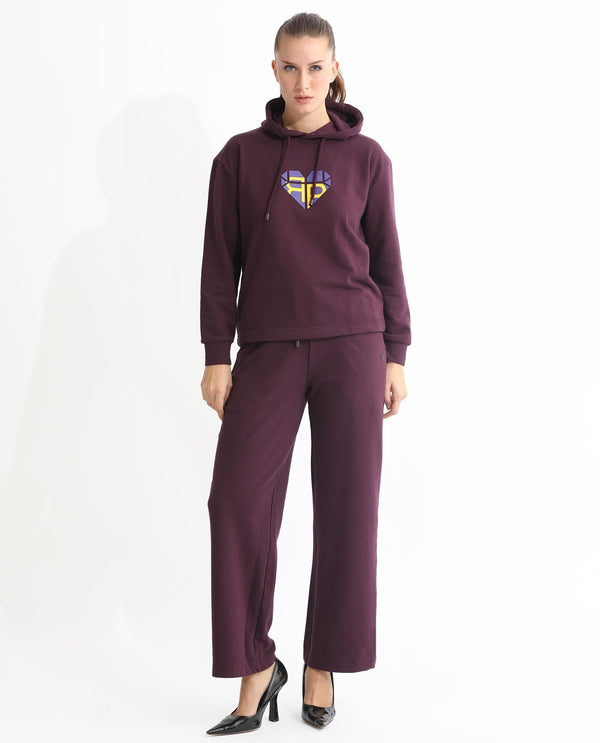 Rareism Women Blacher Dark Maroon Poly Cotton Fabric Regular Fit Full Sleeves Graphic Print Hooded Sweatshirt