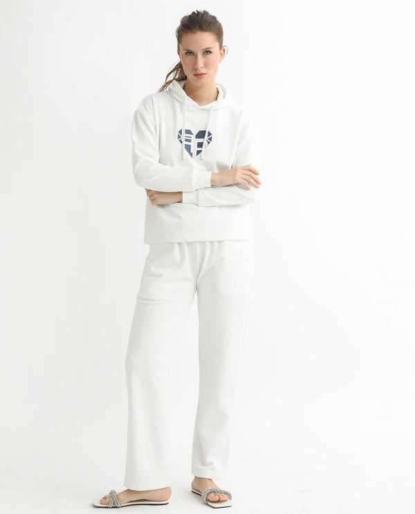Rareism Women Blacher Off White Poly Cotton Fabric Regular Fit Full Sleeves Graphic Print Hooded Sweatshirt