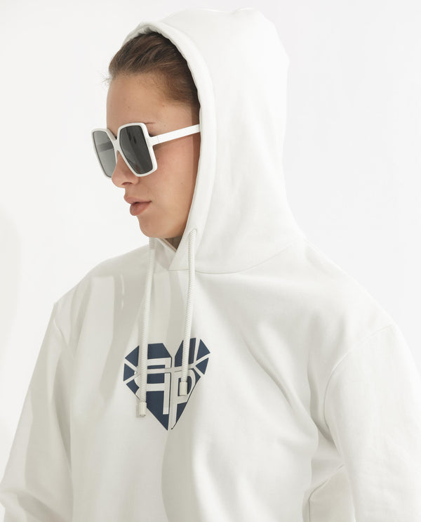 Rareism Women Blacher Off White Poly Cotton Fabric Regular Fit Full Sleeves Graphic Print Hooded Sweatshirt