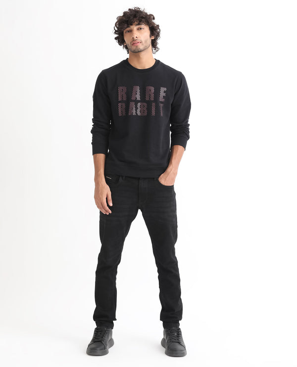 Rare Rabbit Men's Marcia Black Cotton Polyester Fabric Full Sleeves Graphic Statement Print Sweatshirt