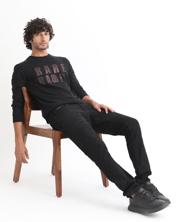 Rare Rabbit Men's Marcia Black Cotton Polyester Fabric Full Sleeves Graphic Statement Print Sweatshirt