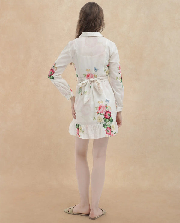 Rareism Women Blecki Off White Cotton Fabric Regular Sleeves Collared Neck Floral Print Mini Dress