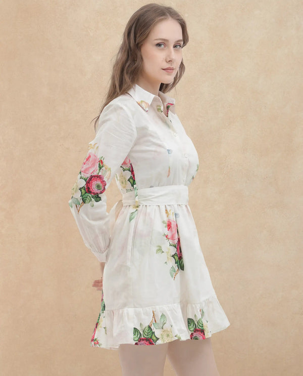 Rareism Women Blecki Off White Cotton Fabric Regular Sleeves Collared Neck Floral Print Mini Dress