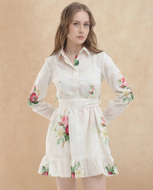 Rareism Women Blecki Off White Cotton Fabric Regular Sleeves Collared Neck Floral Print Mini Dress