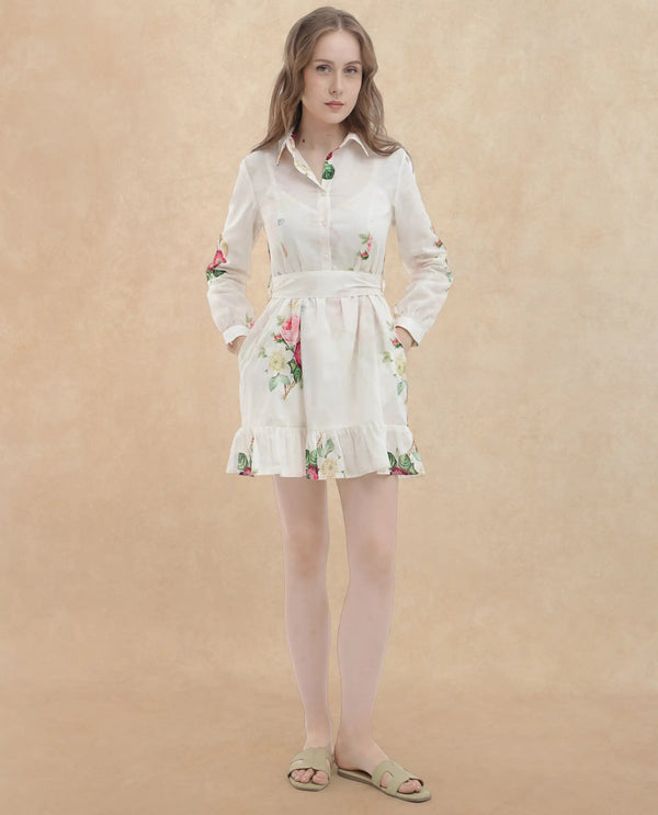 Rareism Women Blecki Off White Cotton Fabric Regular Sleeves Collared Neck Floral Print Mini Dress
