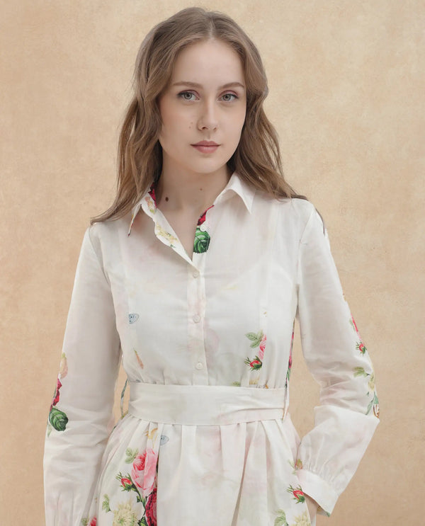Rareism Women Blecki Off White Cotton Fabric Regular Sleeves Collared Neck Floral Print Mini Dress