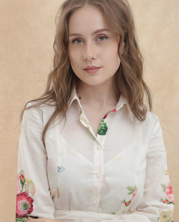 Rareism Women Blecki Off White Cotton Fabric Regular Sleeves Collared Neck Floral Print Mini Dress