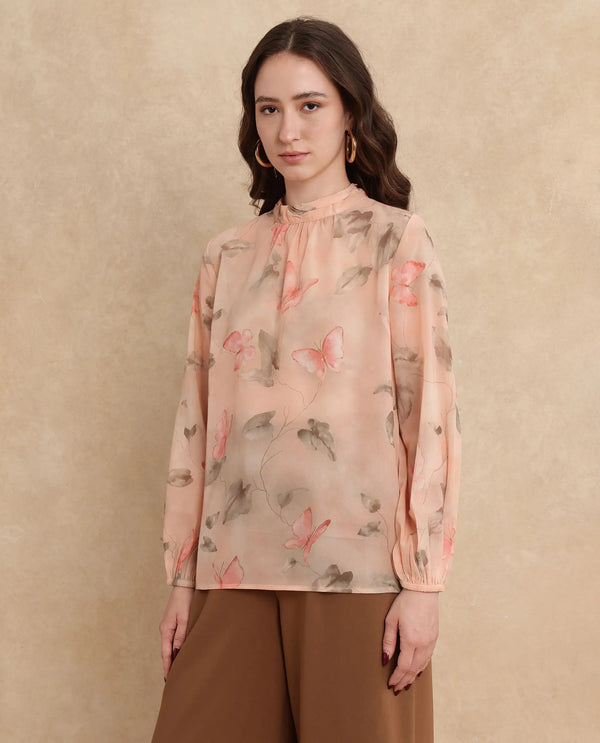 Rareism Women Blois Multi Bishop Sleeve High Neck Button Closure Object Print Top