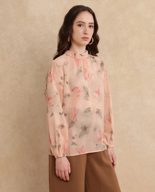 Rareism Women Blois Multi Bishop Sleeve High Neck Button Closure Object Print Top