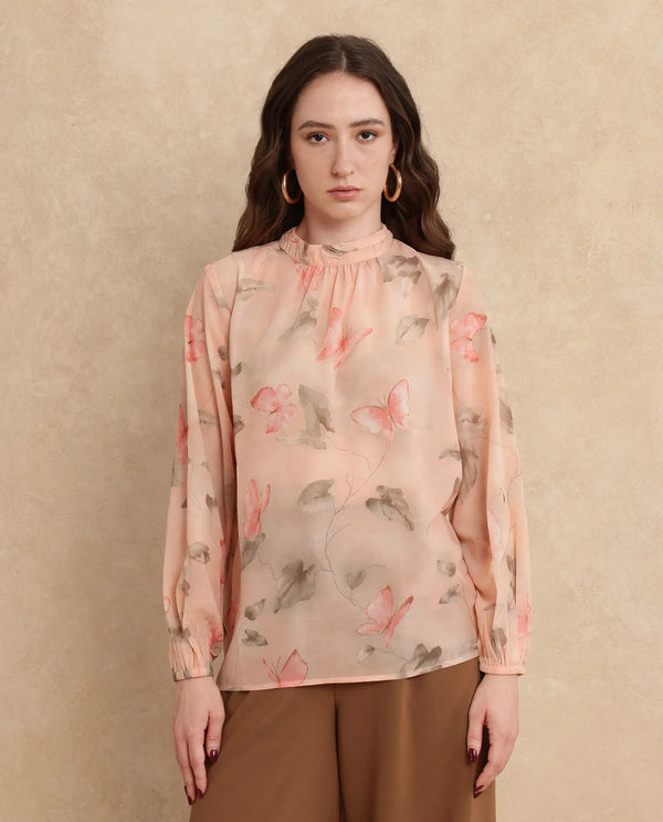 Rareism Women Blois Multi Bishop Sleeve High Neck Button Closure Object Print Top
