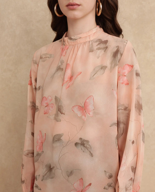 Rareism Women Blois Multi Bishop Sleeve High Neck Button Closure Object Print Top