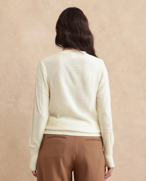 Rareism Women Bloomy Off-White Acrylic Fabric Floral Jacquard Sweater