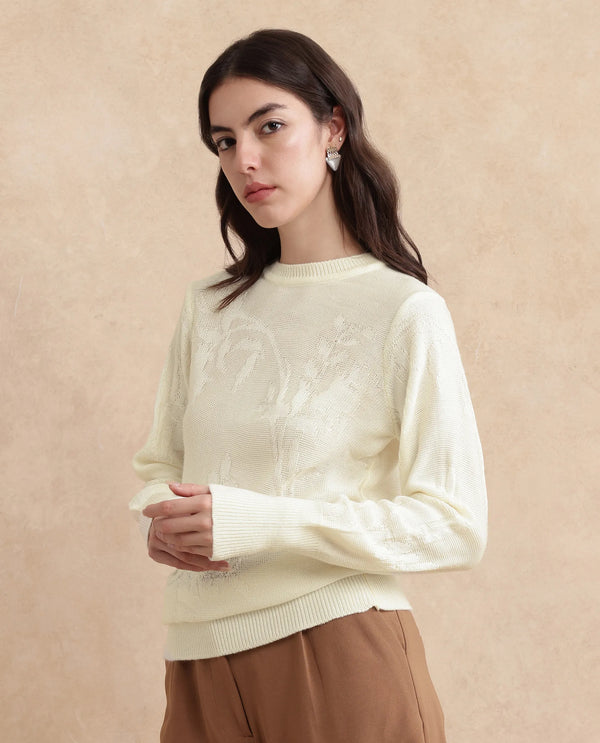 Rareism Women Bloomy Off-White Acrylic Fabric Floral Jacquard Sweater