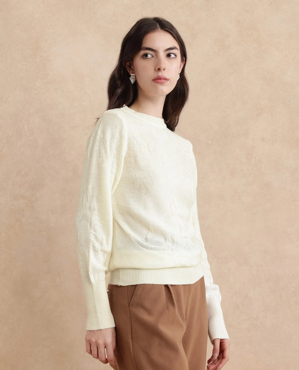 Rareism Women Bloomy Off-White Acrylic Fabric Floral Jacquard Sweater