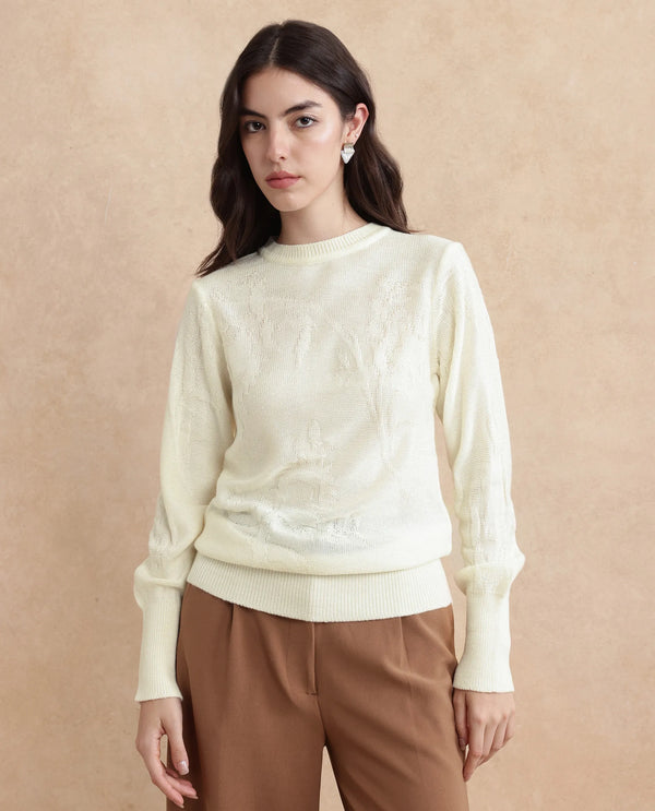 Rareism Women Bloomy Off-White Acrylic Fabric Floral Jacquard Sweater