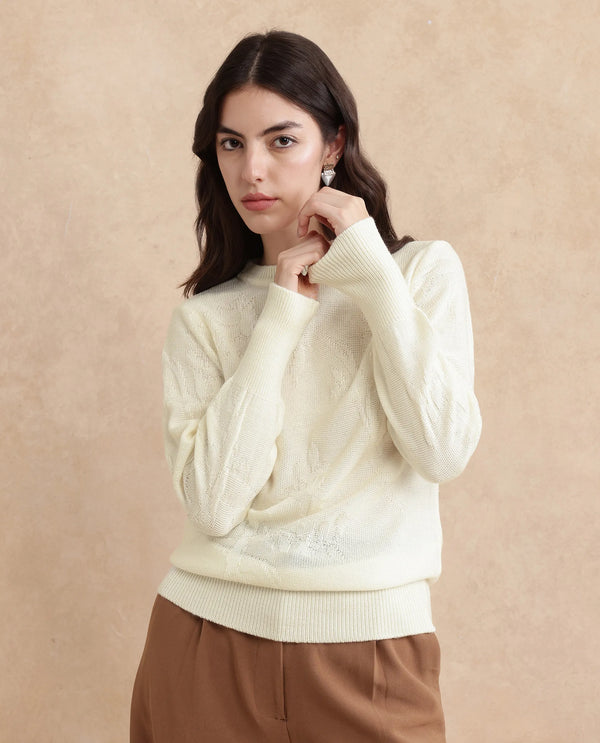 Rareism Women Bloomy Off-White Acrylic Fabric Floral Jacquard Sweater