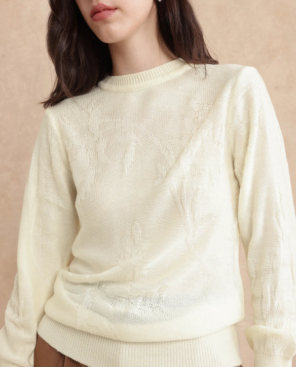 Rareism Women Bloomy Off-White Acrylic Fabric Floral Jacquard Sweater