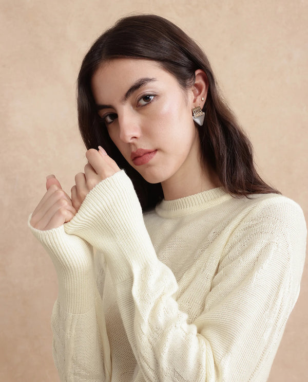 Rareism Women Bloomy Off-White Acrylic Fabric Floral Jacquard Sweater