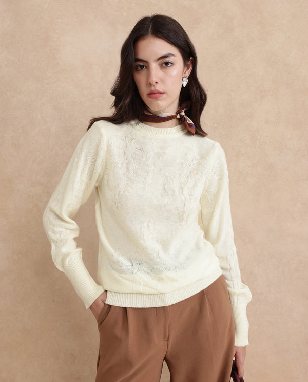 Rareism Women Bloomy Off-White Acrylic Fabric Floral Jacquard Sweater