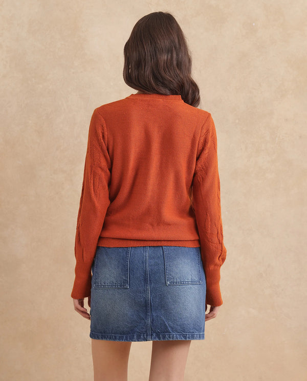 Rareism Women Bloomy Rust Acrylic Fabric Floral Jacquard Sweater